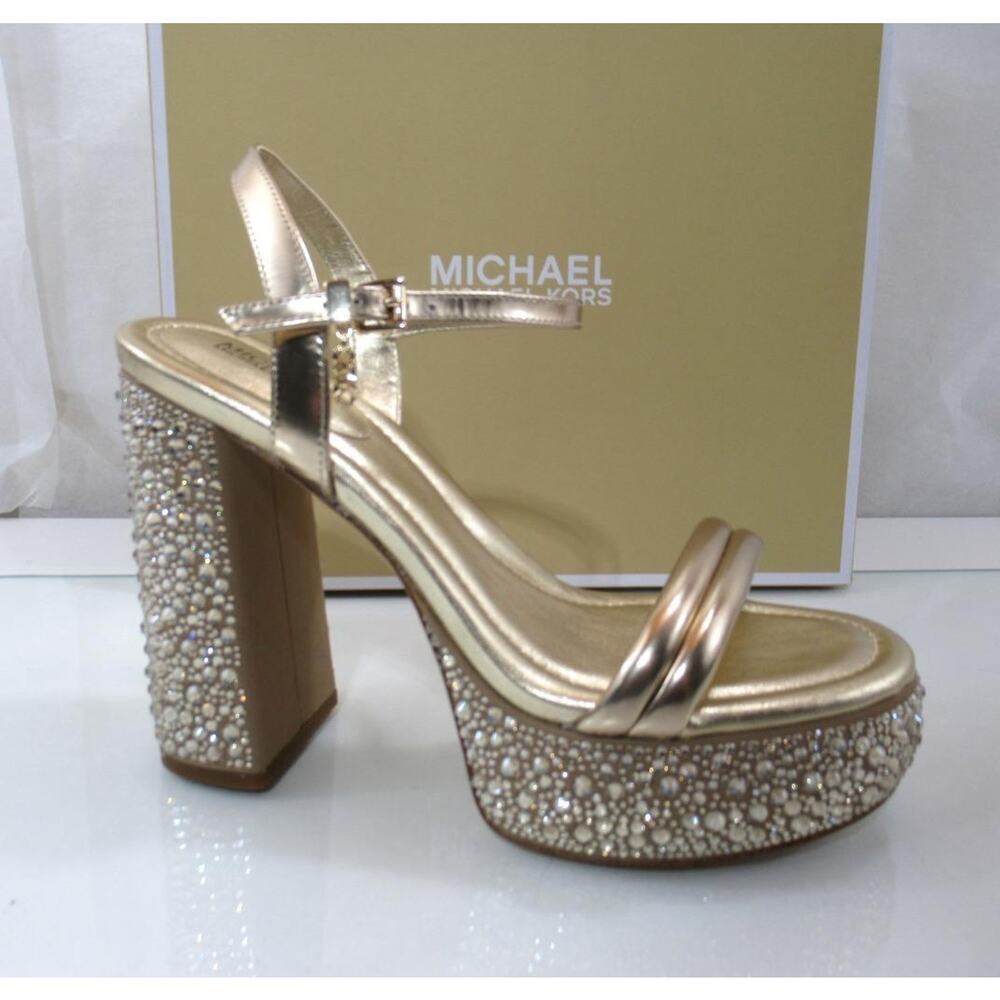 Michael Kors Laci Embellished Metallic Leather Platform Sandal Pale Gold Size 8 - Picture 1 of 10